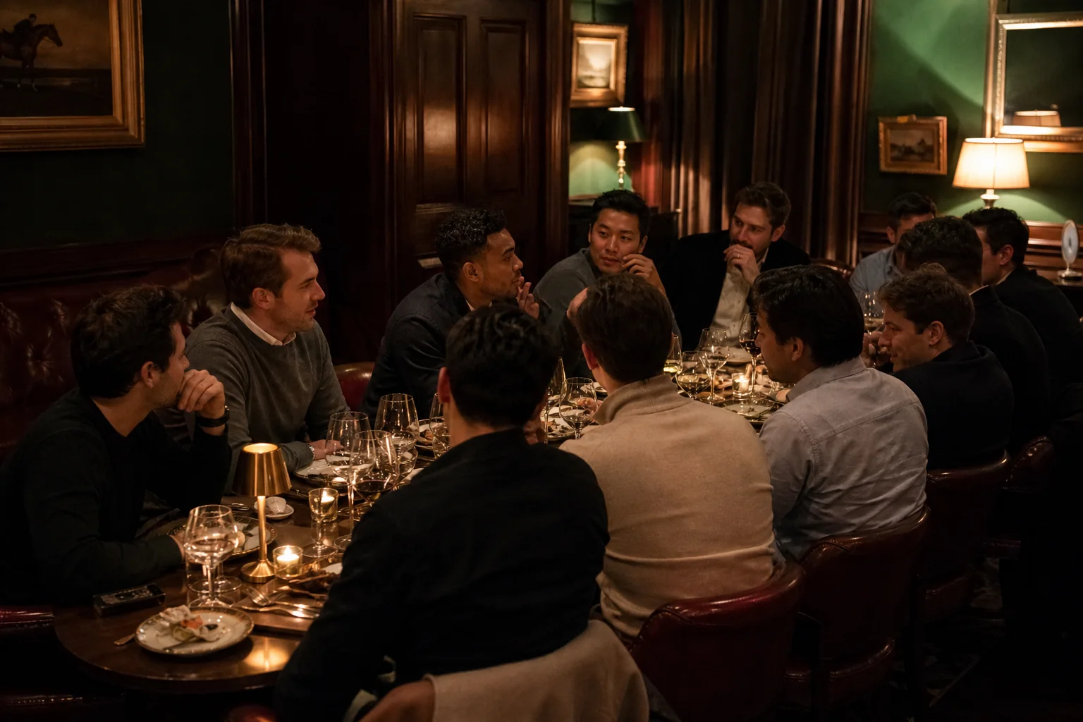 A small private dinner in warm low light, with guests in conversation around one table