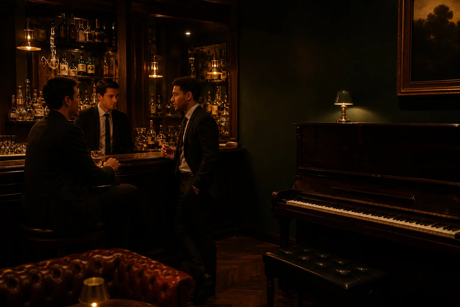 Members in quiet conversation at the Clubhouse bar beside a piano
