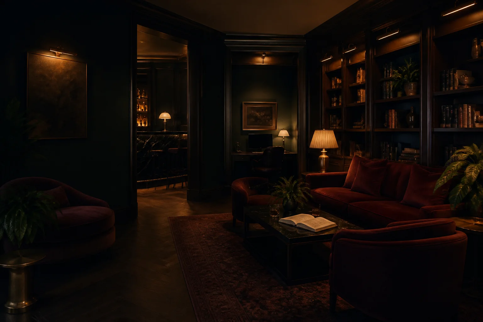 A design study for the Sapphire Clubhouse library lounge after dark