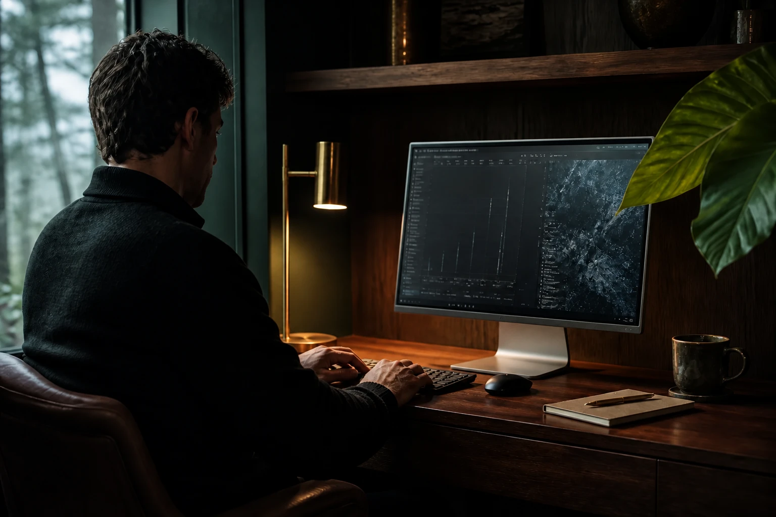A member working at an Apple Studio Display on a walnut desk in the Clubhouse
