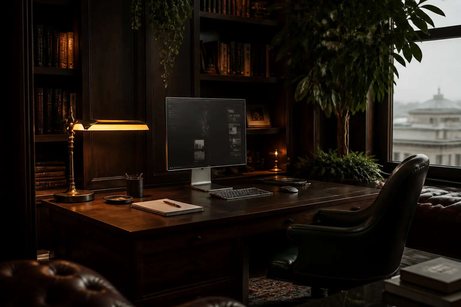 A dark walnut desk with a modern display, brass lamp, books, and plants