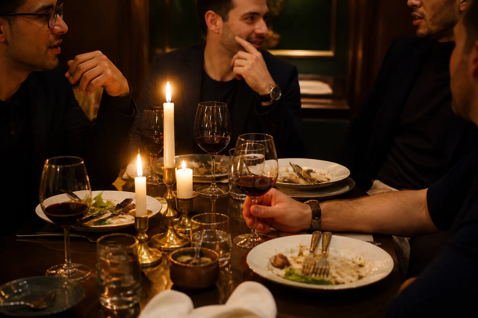Club members in conversation over dinner