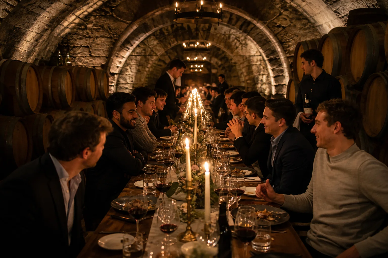 Club members gathered around a long candlelit table in a stone cellar