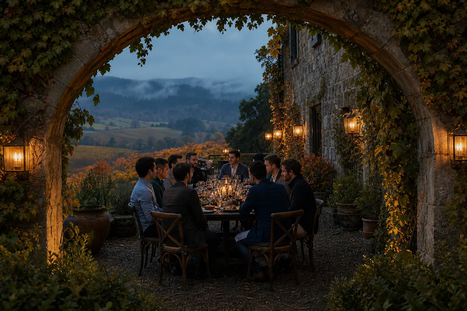 A long private table in a secluded stone winery courtyard
