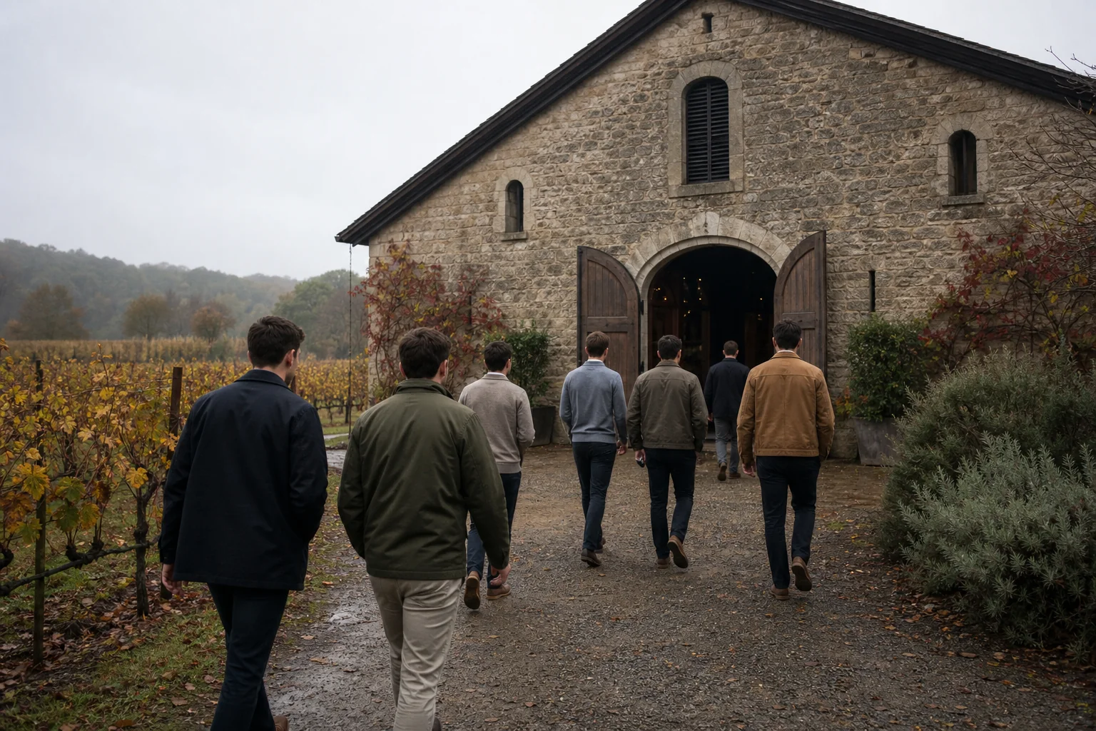 Club members walking toward a private stone winery